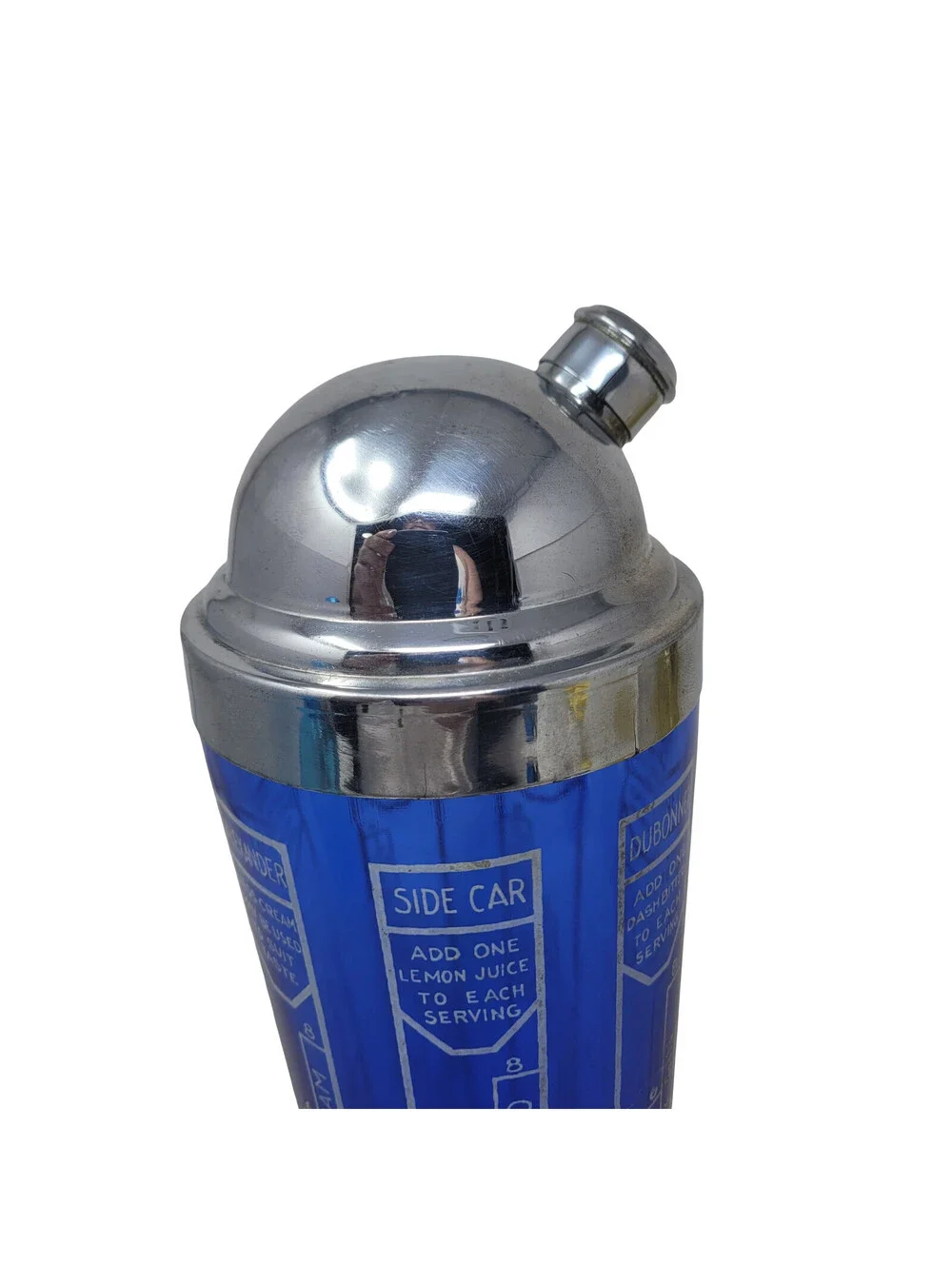 Vintage Art Deco Cobalt Blue Glass Cocktail Shaker Chrome Lid Recipe 1930s